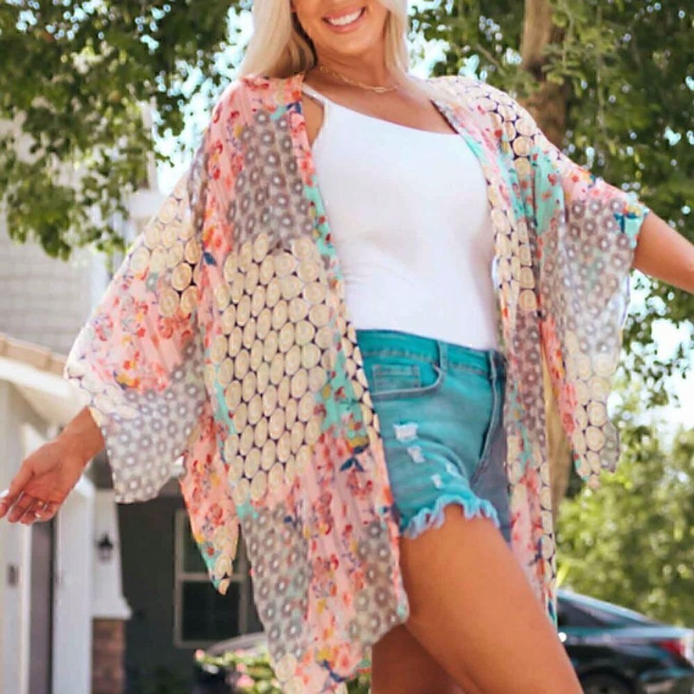 Multicolor Boho Womens Allover Print Batwing Sleeve Kimono